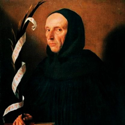 distorted cropped square Fantasy portrait of Girolamo Savonarola by Moretto da Brescia, c. 1524.